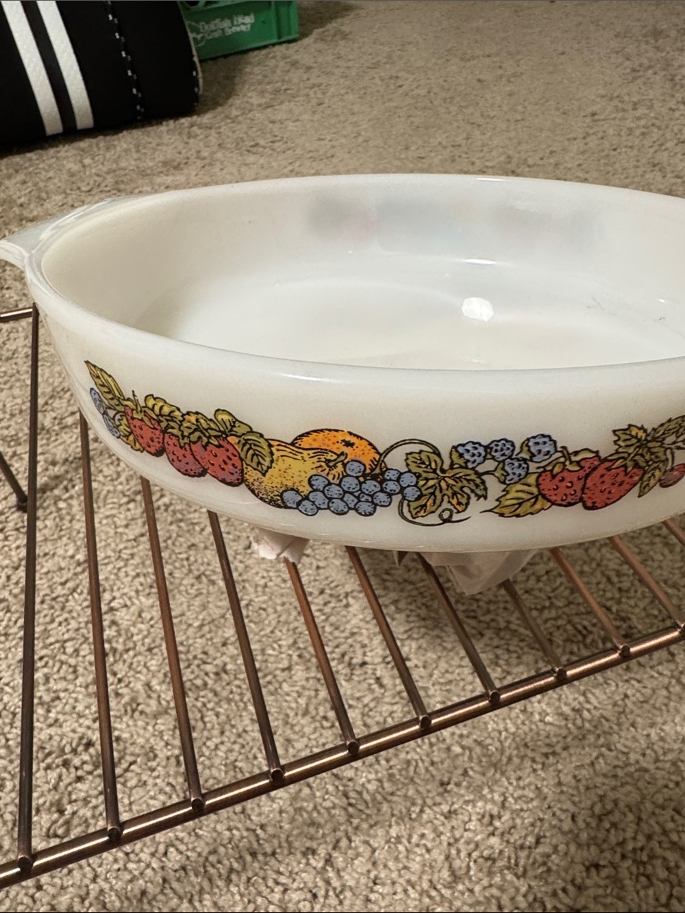 Vintage White Fruit-Pattern Milk Glass Casserole Dish